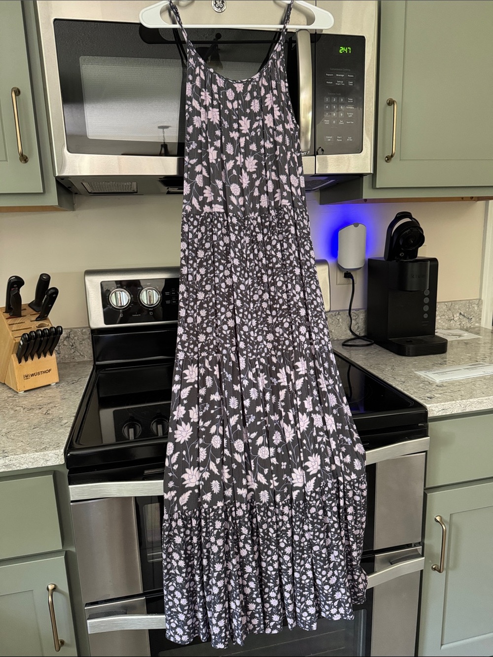 Universal Thread Black Floral Tiered Maxi Dress with Pale Pink Flowers